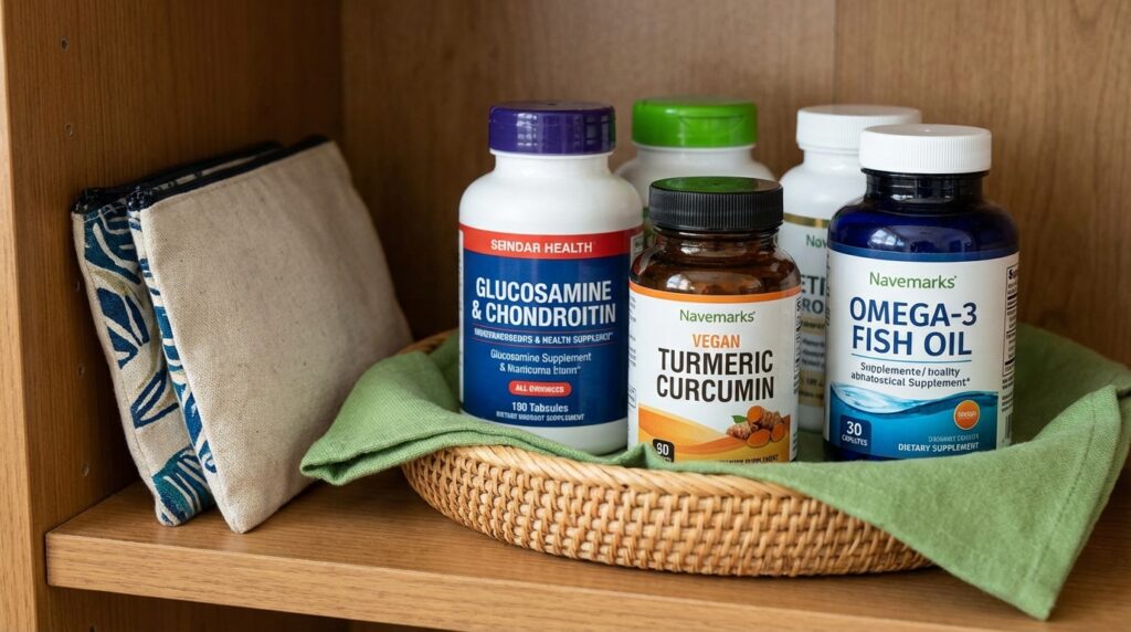 Suplementos para dor articular e artrose: glucosamina, condroitina, cúrcuma e ômega-3 organizados em prateleira