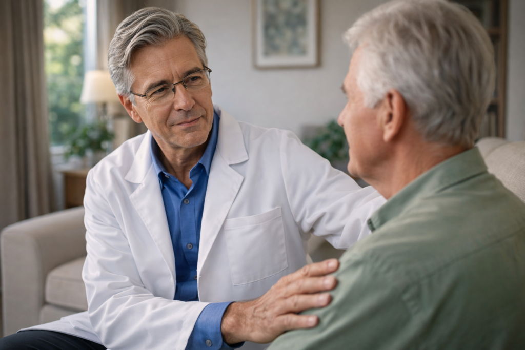Fisioterapeuta realizando avaliação domiciliar em paciente idoso no Rio de Janeiro