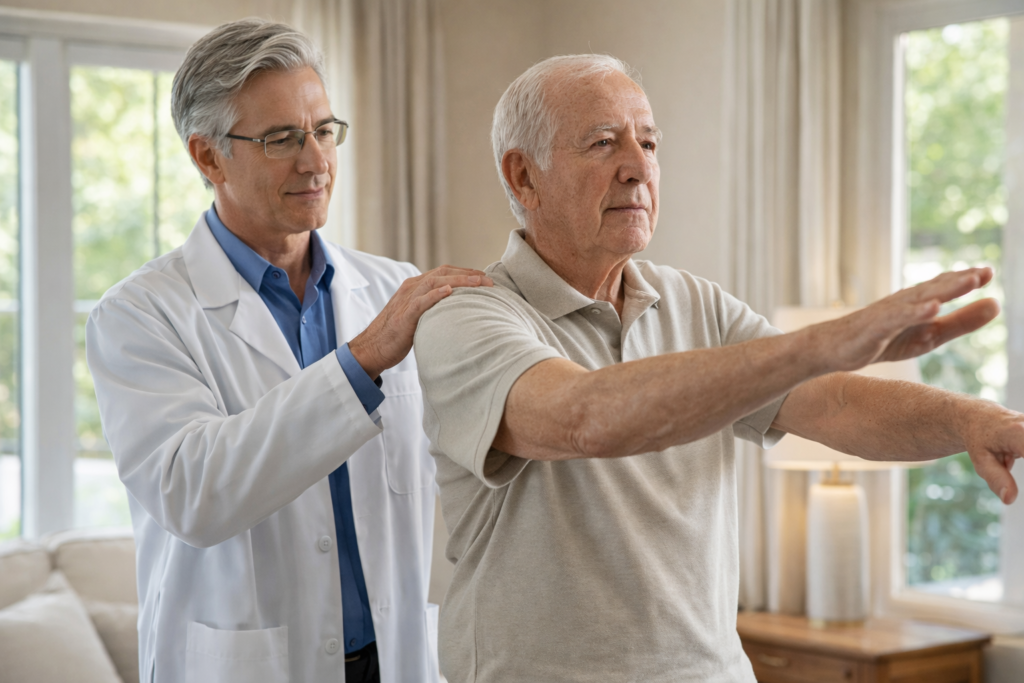Fisioterapeuta orientando exercício de mobilidade de ombro em paciente idoso durante atendimento domiciliar