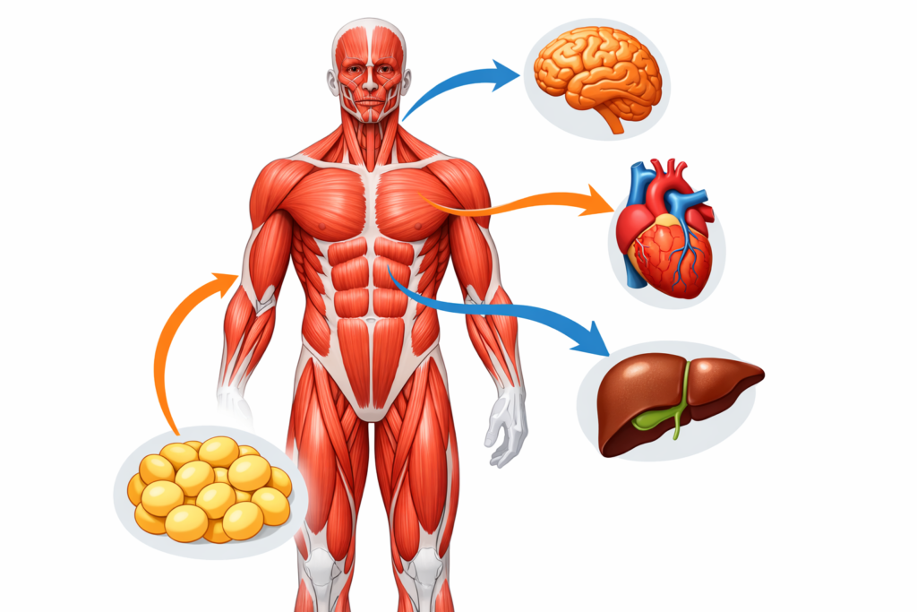 Ilustração mostrando como as miocinas são liberadas pelos músculos e transportadas para o cérebro, coração e outros órgãos durante o exercício físico